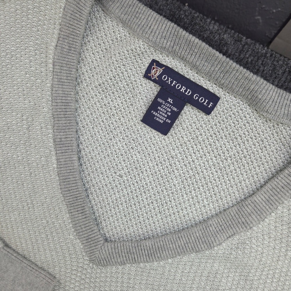 Oxford Golf Sweater Mens XL Gray Cotton V-Neck Textured Knit LS Pullover